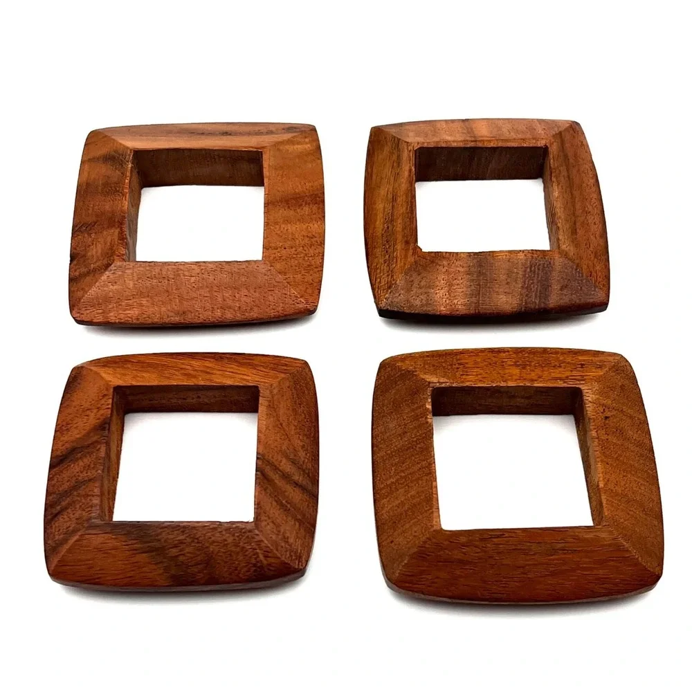 Vintage Square Wooden Napkin Rings Handmade Teak Wood MCM 2.5